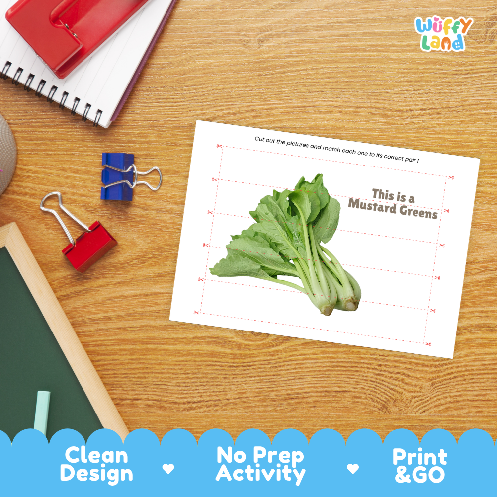 Close-up of puzzle worksheet showing mustard greens images and dotted scissor lines