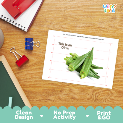 Close-up of puzzle worksheet showing okra images and dotted scissor lines