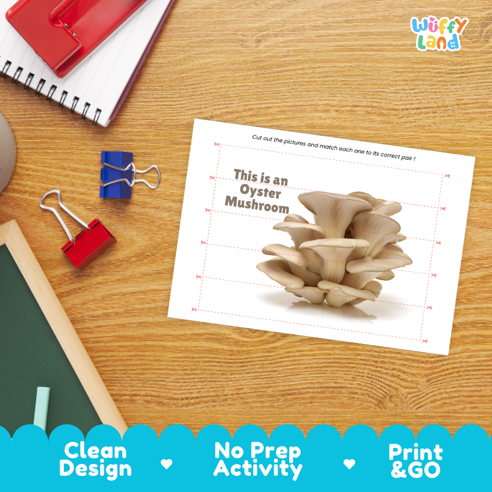 Close-up of puzzle worksheet showing oyster mushroom images and dotted scissor lines