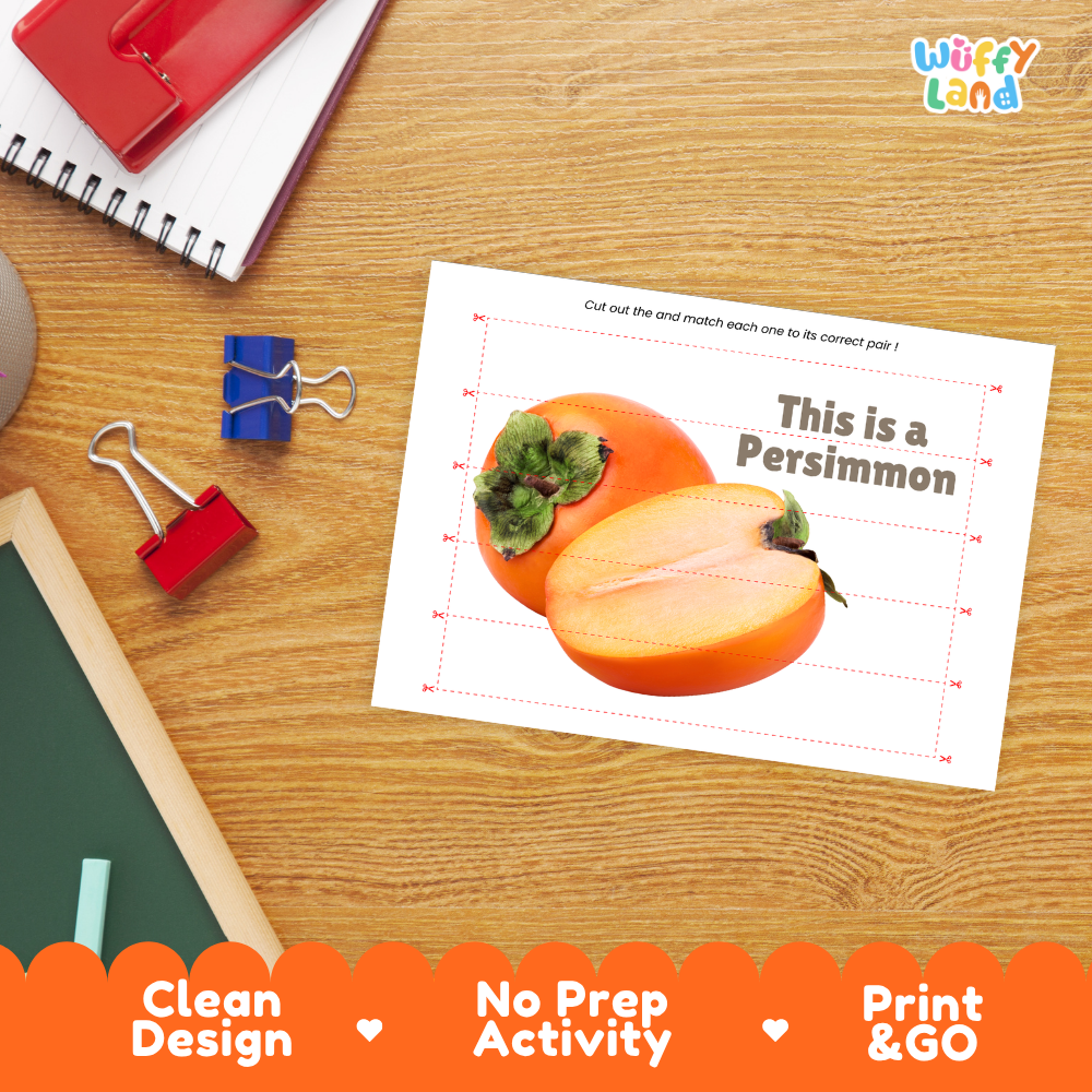 Close-up of puzzle worksheet showing persimmon images and dotted scissor lines