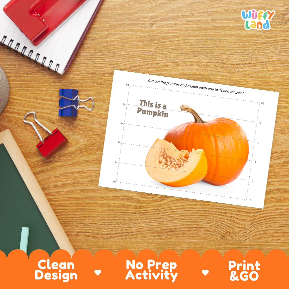 Close-up of puzzle worksheet showing pumpkin images and dotted scissor lines