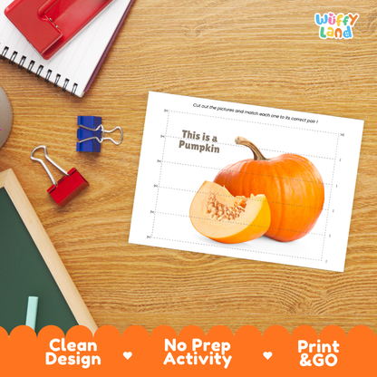 Close-up of puzzle worksheet showing pumpkin images and dotted scissor lines
