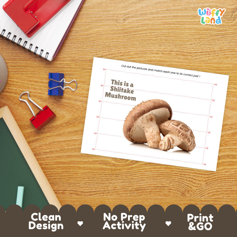 Close-up of puzzle worksheet showing shiitake mushroom images and dotted scissor lines