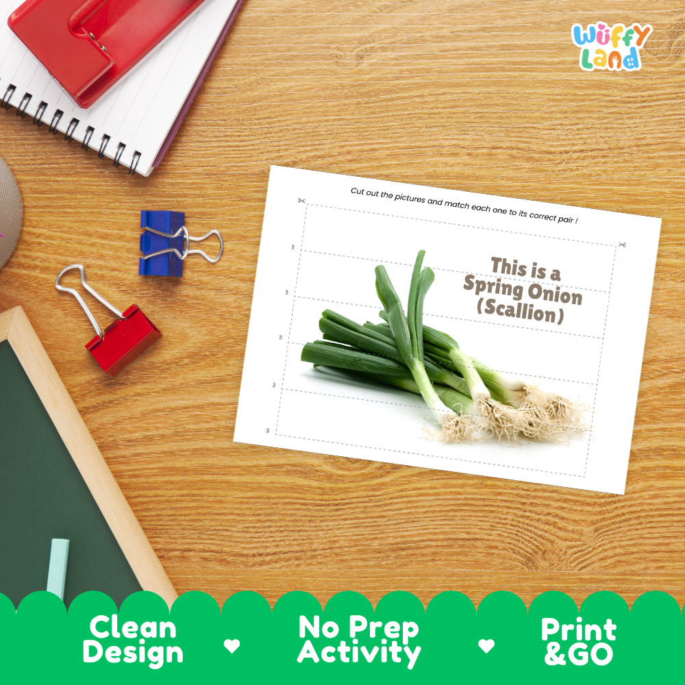 Close-up of puzzle worksheet showing spring onion images and dotted scissor lines