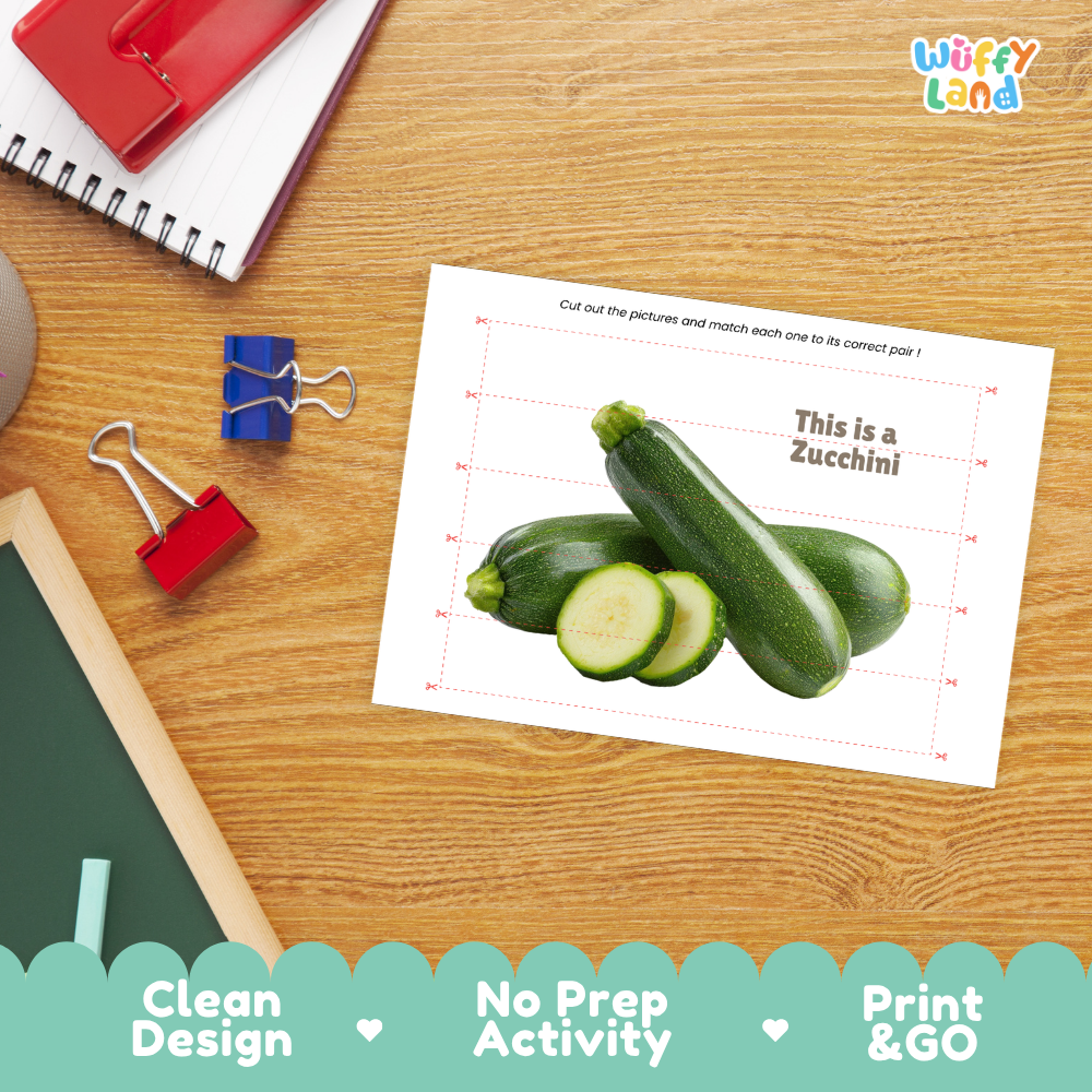 Close-up of puzzle worksheet showing zucchini images and dotted scissor lines