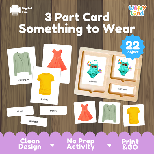 Clothes 3 part cards Montessori printable featuring 22 clothing items with realistic pictures, word labels and matching cards