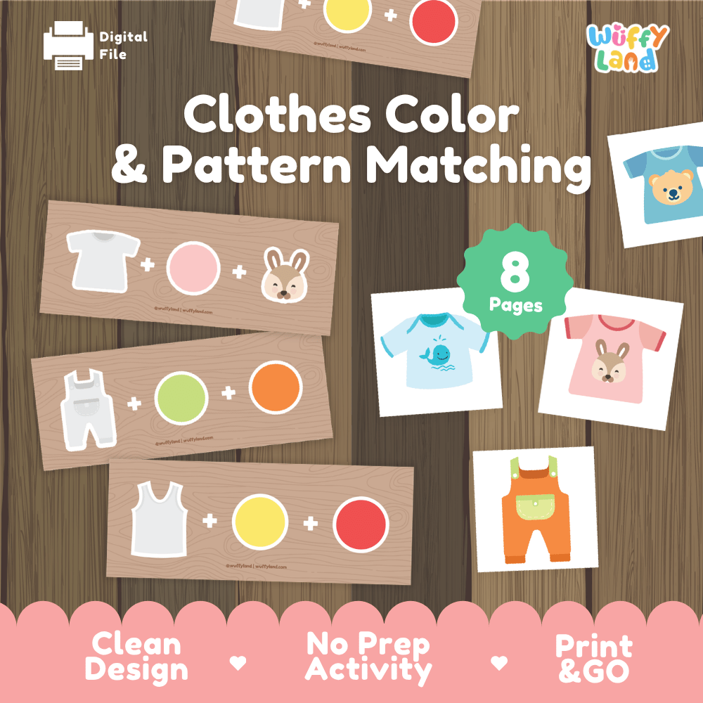 Clothes color and pattern matching printable logical reasoning activity pack overview from Wuffy Land featuring 8 activity pages 👕🎨
