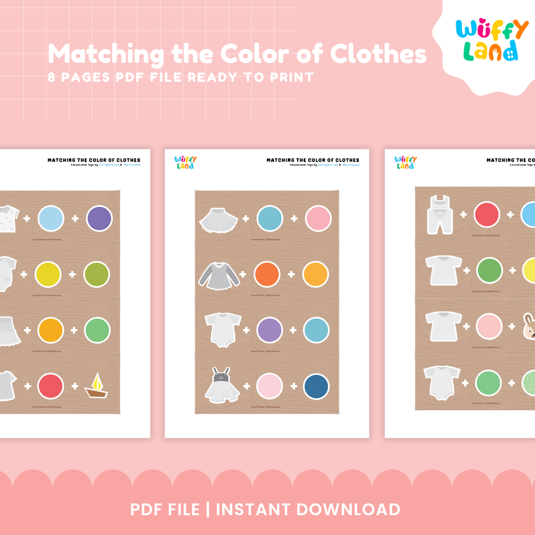 Printable wood-style formula strips combining garment silhouettes, colored circles, and animal face icons for toddler logic matching 🧩🐰