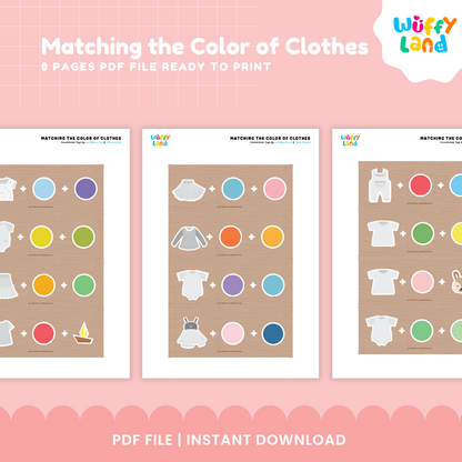 Printable wood-style formula strips combining garment silhouettes, colored circles, and animal face icons for toddler logic matching 🧩🐰