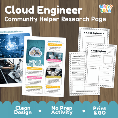 Cloud engineer community helper research page writing worksheets pack featuring real photos and student activity pages for elementary social studies and STEM