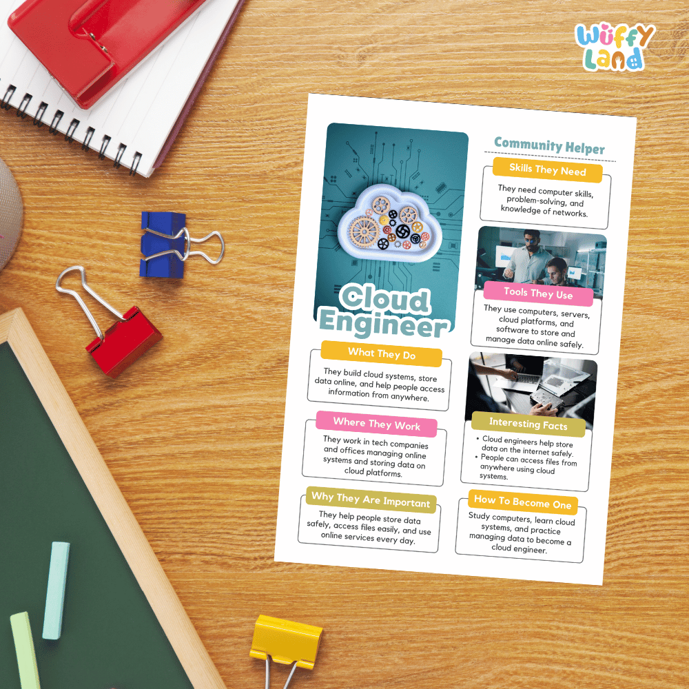 Guided student writing worksheets with lined sections for recording facts and a dedicated box for drawing or pasting a picture of a cloud engineer