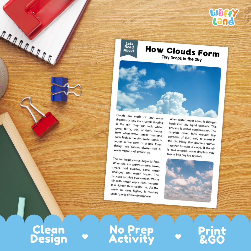 Printable student worksheet with short-answer reading comprehension questions covering clouds and weather science