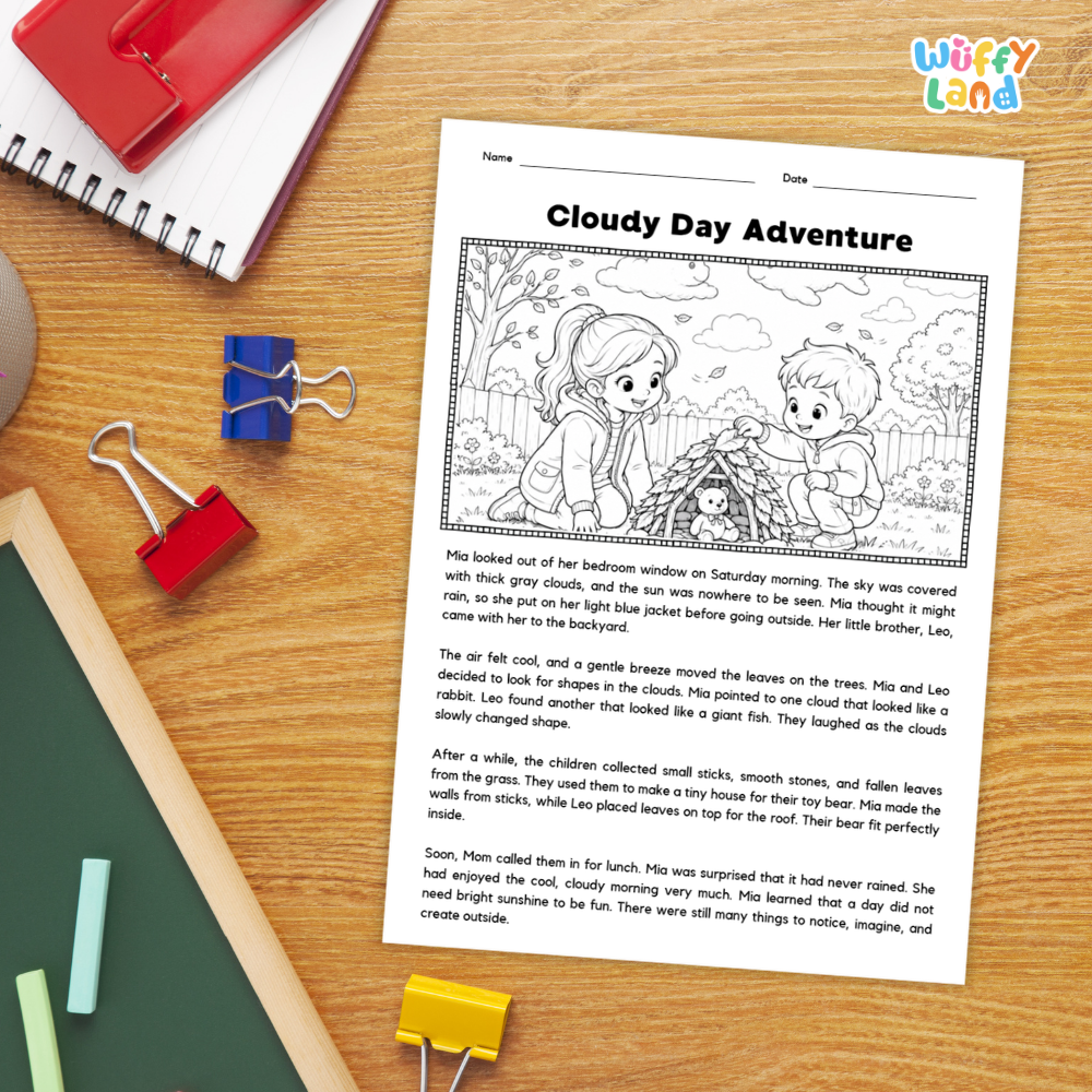 Cloudy Day Adventure Reading Comprehension Passage and Questions Worksheets