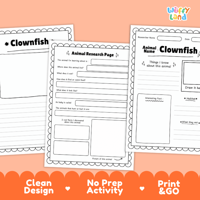 Three printable worksheet pages for clownfish animal research are shown on a peach background with an orange banner at the bottom. The pages are black-and-white activity sheets with writing boxes, a drawing area, and title text including 'Clownfish' and 'Animal Research Page.