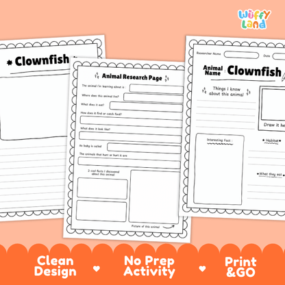 Three printable worksheet pages for clownfish animal research are shown on a peach background with an orange banner at the bottom. The pages are black-and-white activity sheets with writing boxes, a drawing area, and title text including 'Clownfish' and 'Animal Research Page.