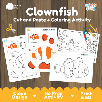 Clownfish Cut and Paste Craft and Coloring Pages Activity Worksheets