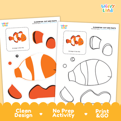 Clownfish Cut and Paste Craft and Coloring Pages Activity Worksheets