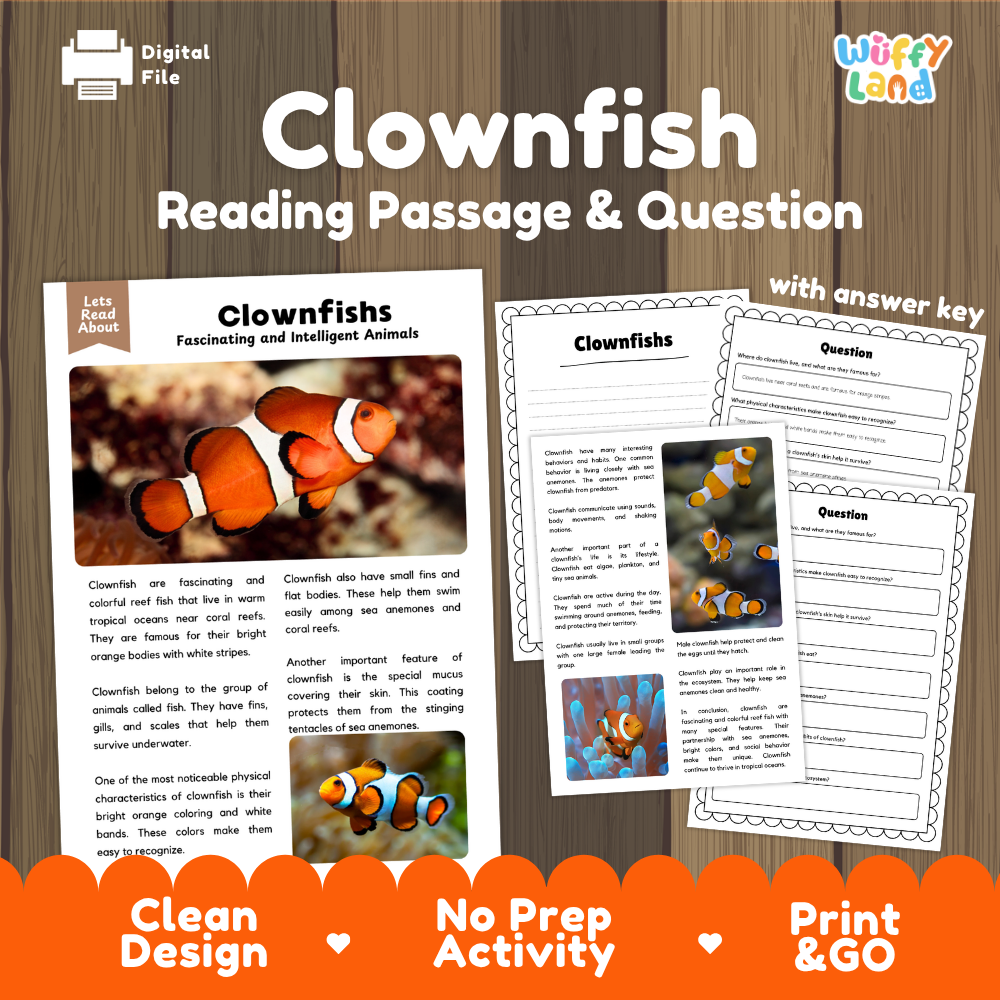 Digital reading activity bundle for 'Clownfish Reading Passage & Question' by Wiffly Land, featuring a wooden background with sample pages of the reading passage, comprehension questions, and an answer key.