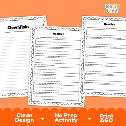 Three printable worksheet pages about clownfish are shown on an orange background with promotional text reading 'Clean Design', 'No Prep Activity', and 'Print & GO'. The worksheets have black text and borders on white paper, and the brand name 'Wiffi Land' appears in the top right.