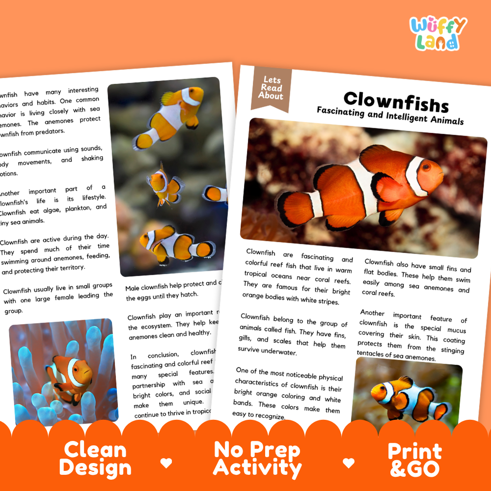 A children's educational activity sheet about clownfish, shown as a printed page with animal photos and text, set against an orange background with promotional badges reading 'Clean Design,' 'No Prep Activity,' and 'Print & GO.'.