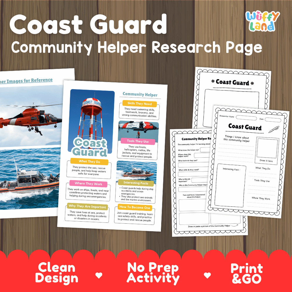 Coast guard community helper research page writing worksheets pack featuring real photos and student activity pages for elementary social studies