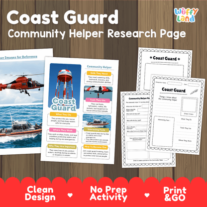 Coast guard community helper research page writing worksheets pack featuring real photos and student activity pages for elementary social studies