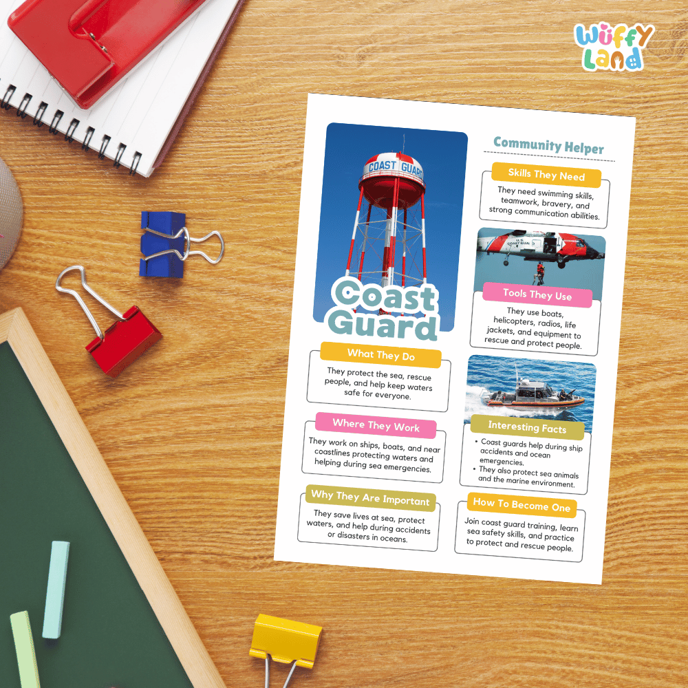 Guided student writing worksheets with lined sections for recording facts and a dedicated box for drawing or pasting a picture of the coast guard