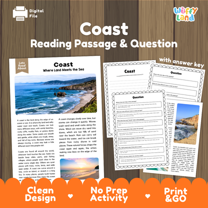 Coast Reading Passage and Comprehension Questions with Answer Key Worksheets