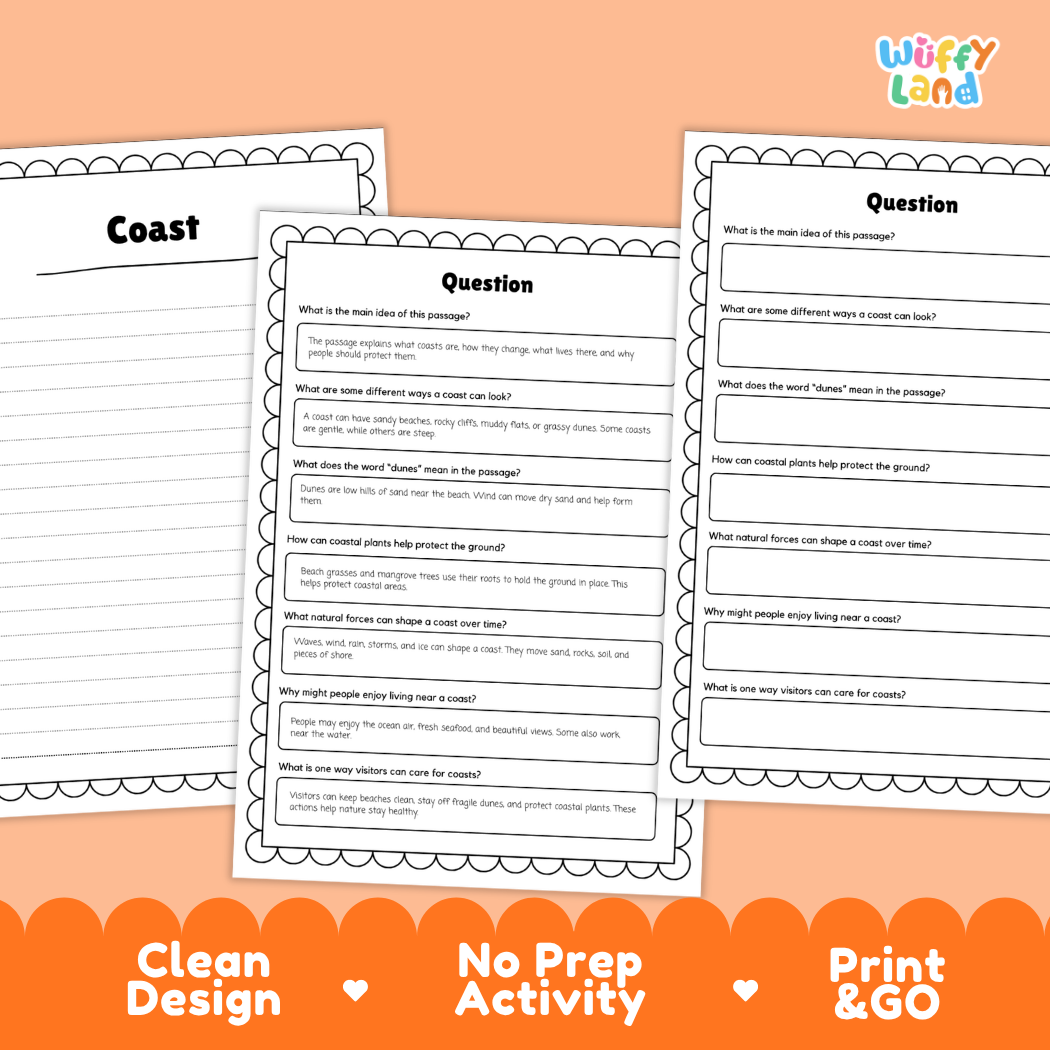 Coast Reading Passage and Comprehension Questions with Answer Key Worksheets