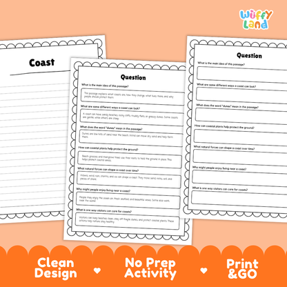 Coast Reading Passage and Comprehension Questions with Answer Key Worksheets