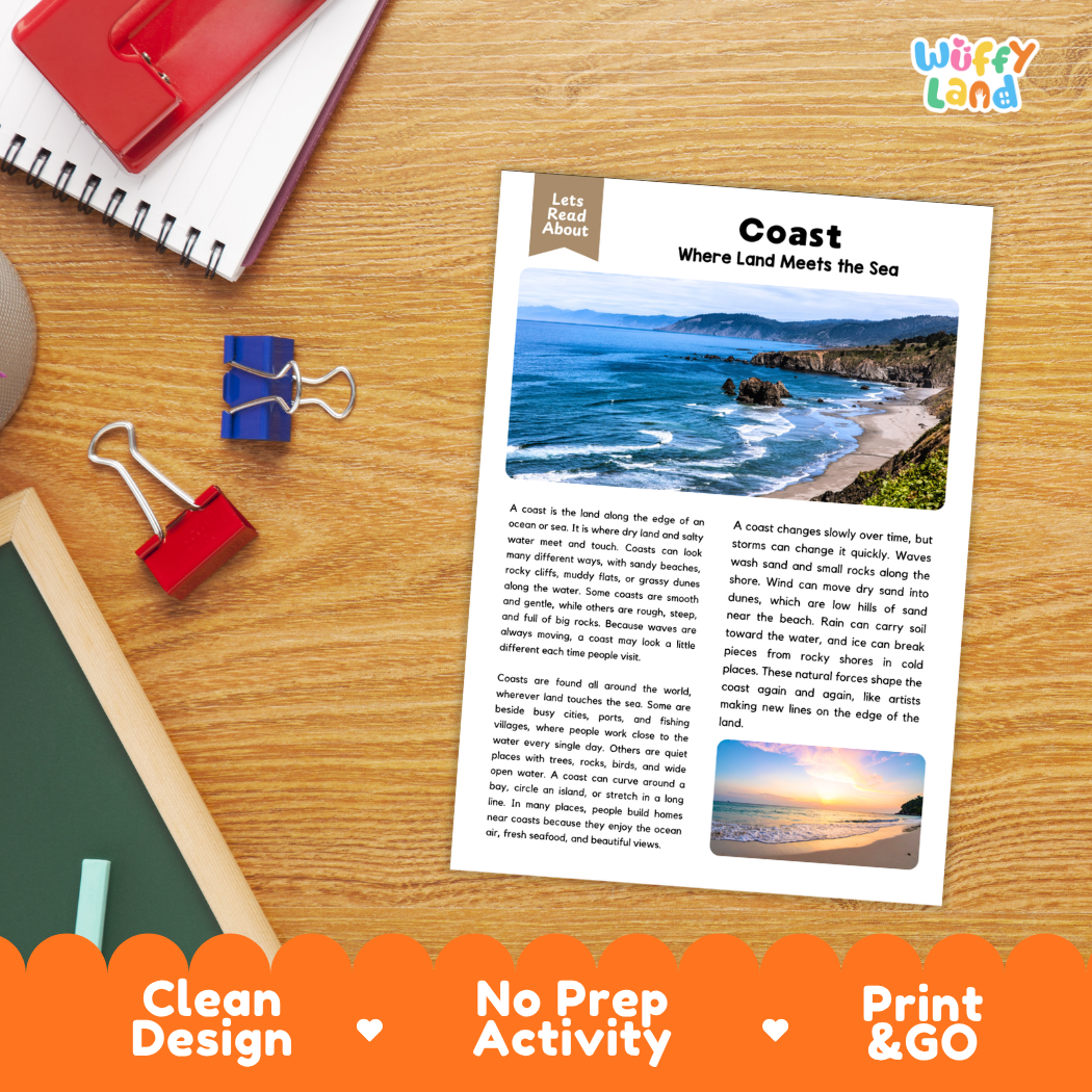 An educational reading activity sheet titled 'Coast: Where Land Meets the Sea' by Wiffly Land, displayed on a wooden desk with a red notebook, binder clips, and other school supplies. The sheet features a clean design with text and coastal photographs, and an orange banner at the bottom highlights key features.