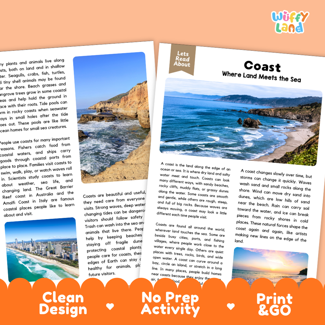 Coast Reading Passage and Comprehension Questions with Answer Key Worksheets