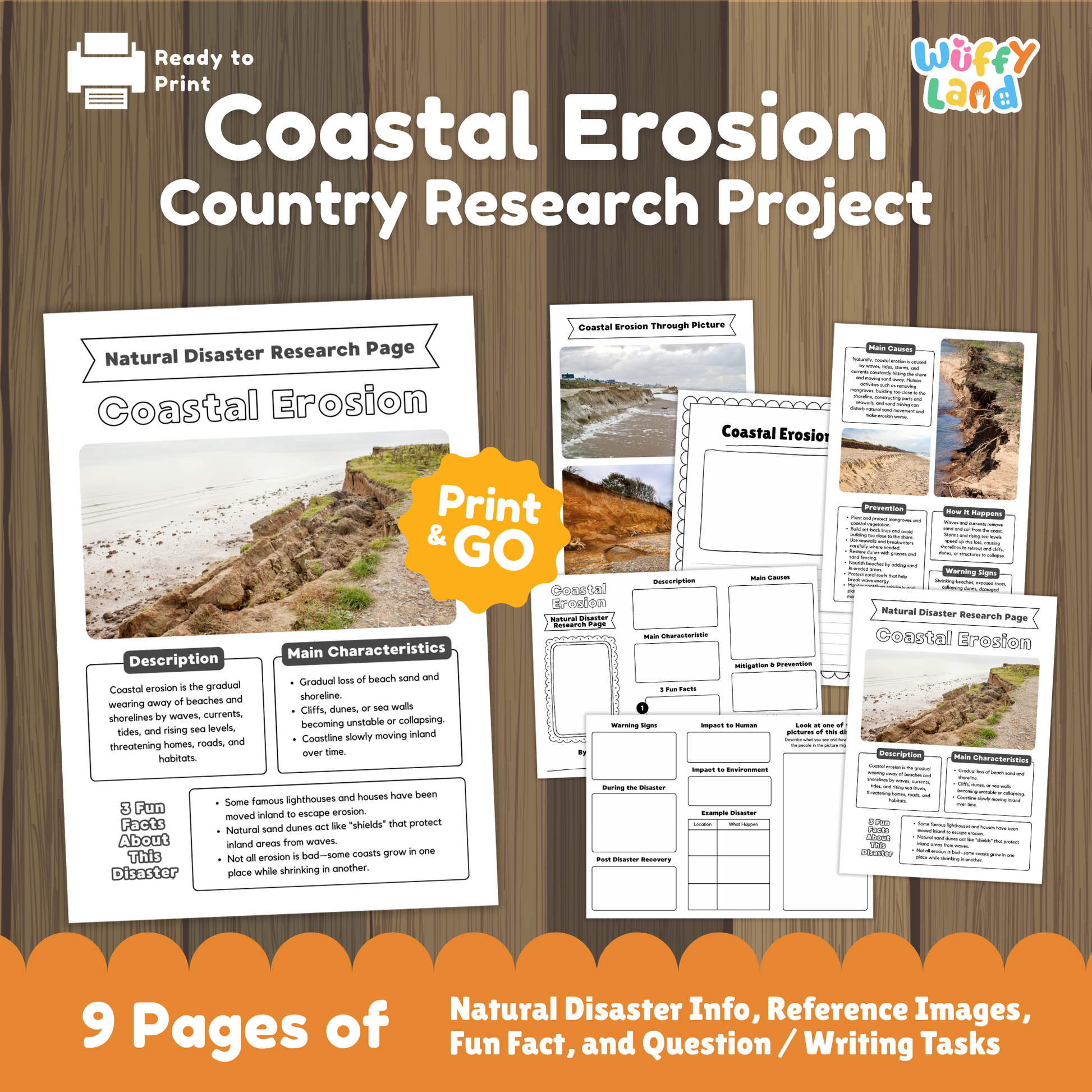 A collection of printable coastal erosion research worksheets for kids, featuring a main research page with real coastal erosion photos, description and characteristics sections, fun facts, prevention and causes charts, a fill-in-the-blank student page, and picture-based activity sheets