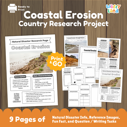 A collection of printable coastal erosion research worksheets for kids, featuring a main research page with real coastal erosion photos, description and characteristics sections, fun facts, prevention and causes charts, a fill-in-the-blank student page, and picture-based activity sheets