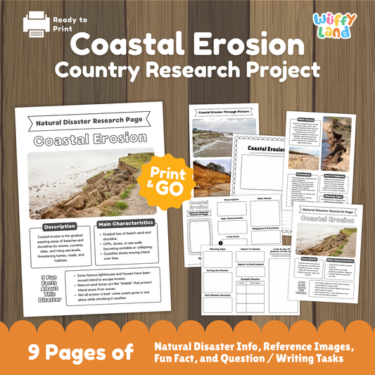 A collection of printable coastal erosion research worksheets for kids, featuring a main research page with real coastal erosion photos, description and characteristics sections, fun facts, prevention and causes charts, a fill-in-the-blank student page, and picture-based activity sheets