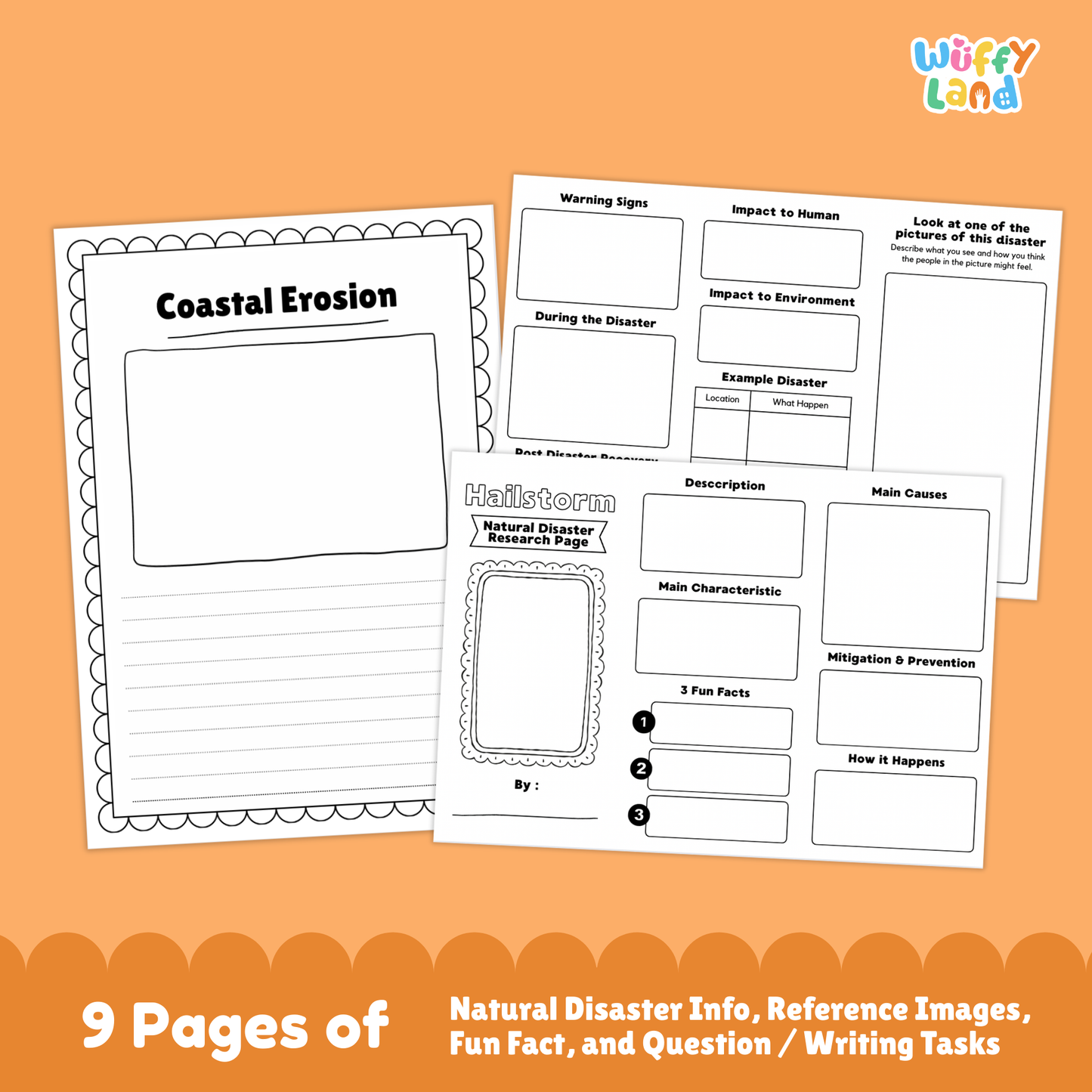 A collection of printable coastal erosion research worksheets for kids, featuring a main research page with real coastal erosion photos, description and characteristics sections, fun facts, prevention and causes charts, a fill-in-the-blank student page, and picture-based activity sheets