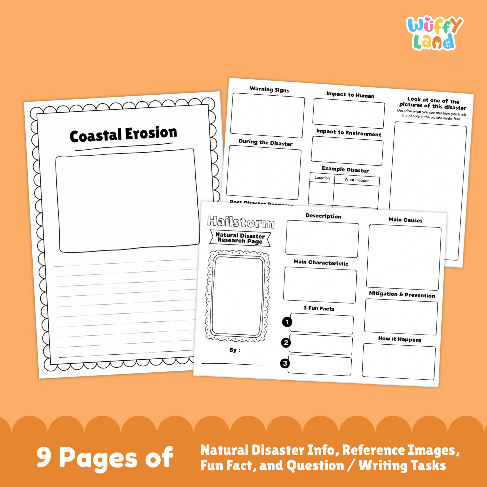A collection of printable coastal erosion research worksheets for kids, featuring a main research page with real coastal erosion photos, description and characteristics sections, fun facts, prevention and causes charts, a fill-in-the-blank student page, and picture-based activity sheets