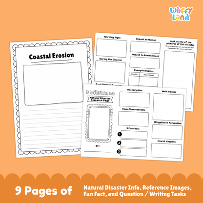 A collection of printable coastal erosion research worksheets for kids, featuring a main research page with real coastal erosion photos, description and characteristics sections, fun facts, prevention and causes charts, a fill-in-the-blank student page, and picture-based activity sheets