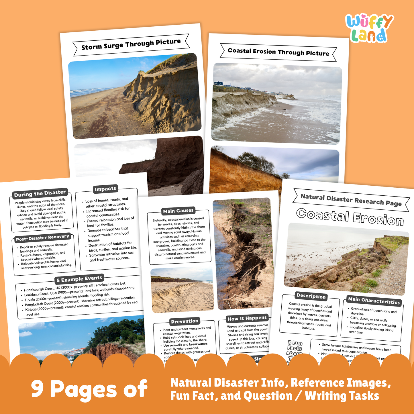A collection of printable coastal erosion research worksheets for kids, featuring a main research page with real coastal erosion photos, description and characteristics sections, fun facts, prevention and causes charts, a fill-in-the-blank student page, and picture-based activity sheets
