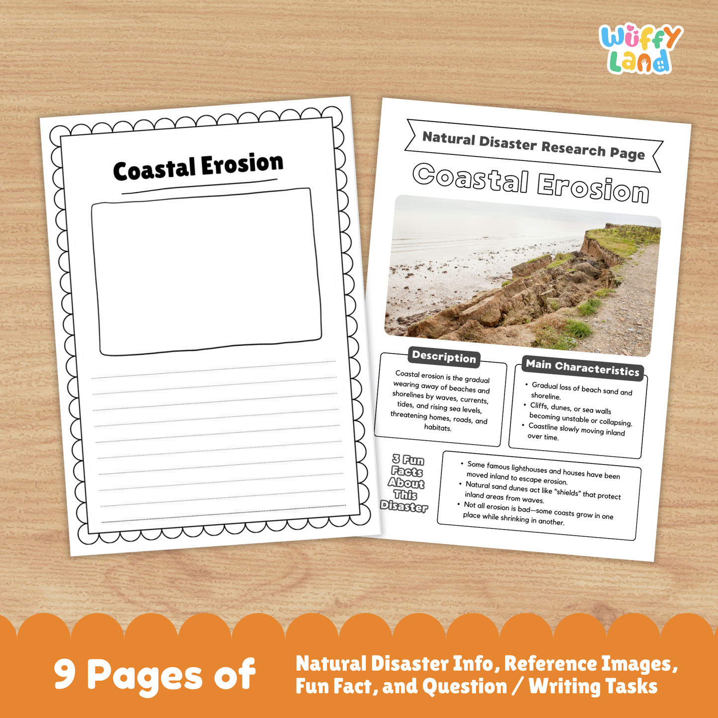 A collection of printable coastal erosion research worksheets for kids, featuring a main research page with real coastal erosion photos, description and characteristics sections, fun facts, prevention and causes charts, a fill-in-the-blank student page, and picture-based activity sheets