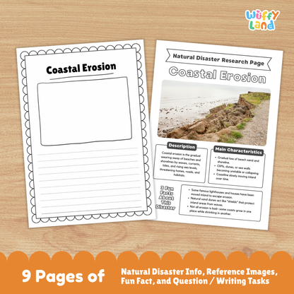 A collection of printable coastal erosion research worksheets for kids, featuring a main research page with real coastal erosion photos, description and characteristics sections, fun facts, prevention and causes charts, a fill-in-the-blank student page, and picture-based activity sheets