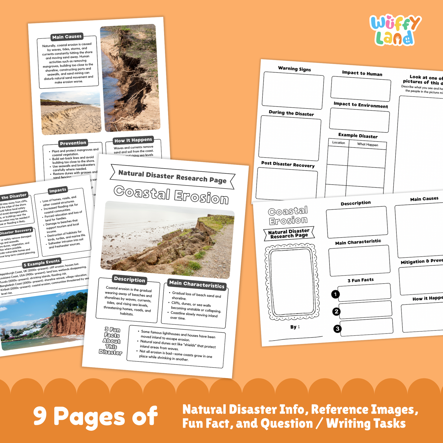 A collection of printable coastal erosion research worksheets for kids, featuring a main research page with real coastal erosion photos, description and characteristics sections, fun facts, prevention and causes charts, a fill-in-the-blank student page, and picture-based activity sheets