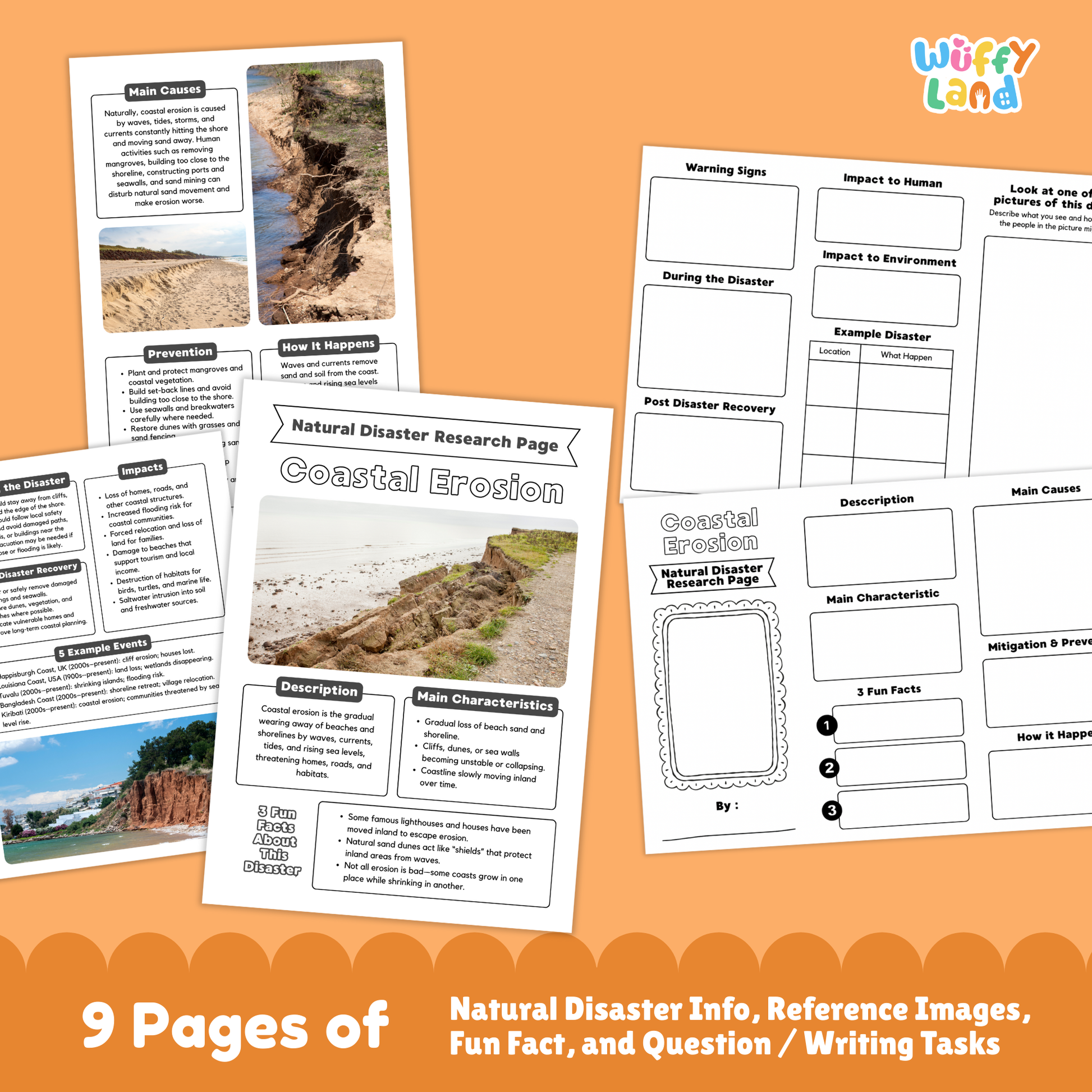A collection of printable coastal erosion research worksheets for kids, featuring a main research page with real coastal erosion photos, description and characteristics sections, fun facts, prevention and causes charts, a fill-in-the-blank student page, and picture-based activity sheets