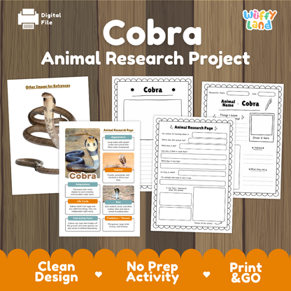 A digital product preview for a 'Cobra Animal Research Project' by Wiffy Land, featuring printable worksheets and an infographic on a wood-grain background with an orange banner at the bottom.