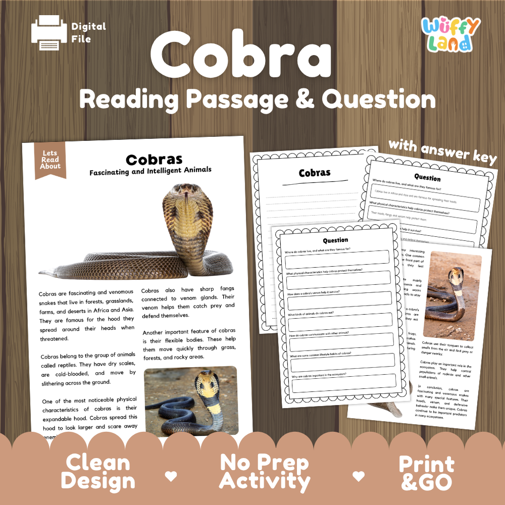 Cobra Reading Passage and Comprehension Questions Worksheets with Answer Key