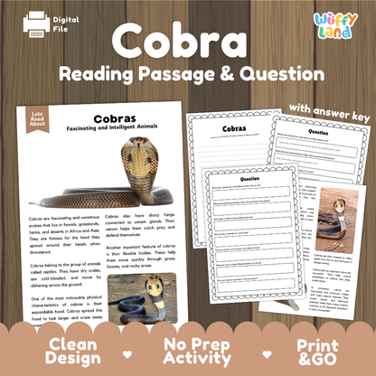 Cobra Reading Passage and Comprehension Questions Worksheets with Answer Key