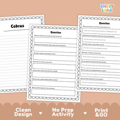 Cobra Reading Passage and Comprehension Questions Worksheets with Answer Key