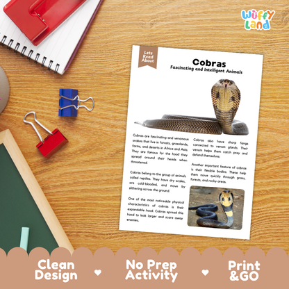 A printed educational activity sheet titled 'Cobras Fascinating and Intelligent Animals' laid on a wooden desk, surrounded by notebooks, binder clips, and a colorful 'Wiffly Land' logo in the top right. The sheet includes a photo of a cobra, text about the animal, and a small cartoon illustration.