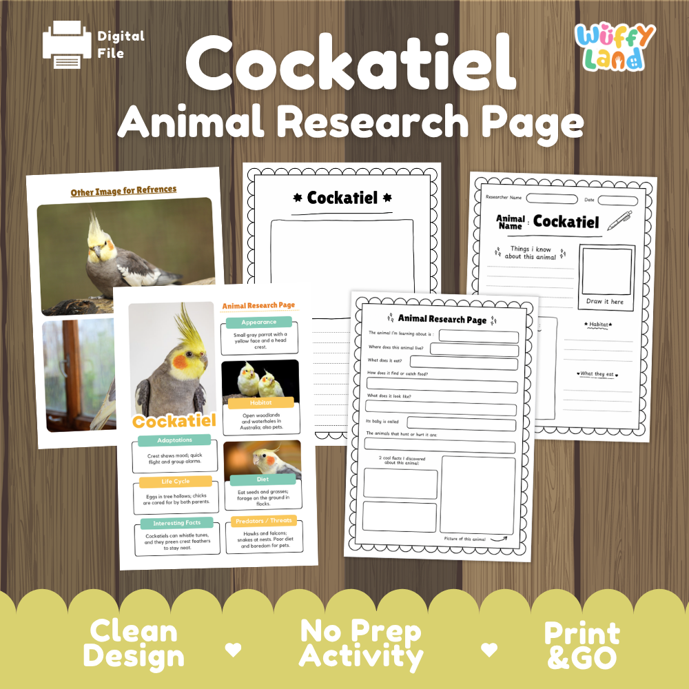 Digital preview of a 'Cockatiel Animal Research Page' activity sheet set by Wiffy Land, displayed on a wood-grain background with promotional text at the bottom.