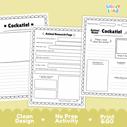 Three printable animal research activity sheets for cockatiels are displayed on a pale yellow background with marketing text at the bottom. The sheets are black-and-white templates with fields for writing, drawing, and fact boxes.